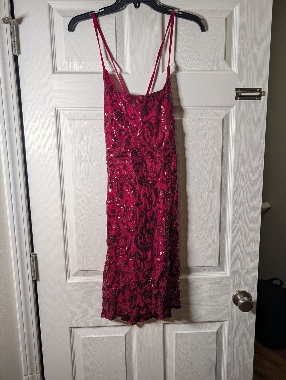 Women’s Large Red Burgundy Sequin Lace-Up Back Homecoming Prom Midi Dress NWT